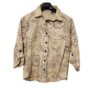 Allyson Whitmore Beige Linen Cotton Shirt Abstract Floral Art Print Lagenlook Md